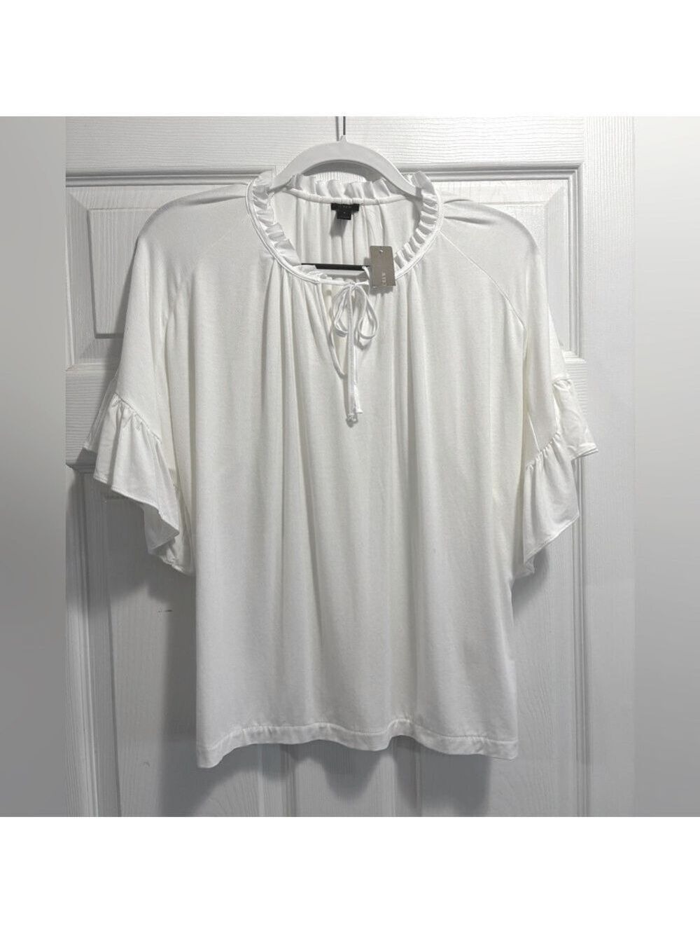 NWT J.Crew Ruffle Tie Neck White Short Sleeve Oversized Top Size Small Brand New